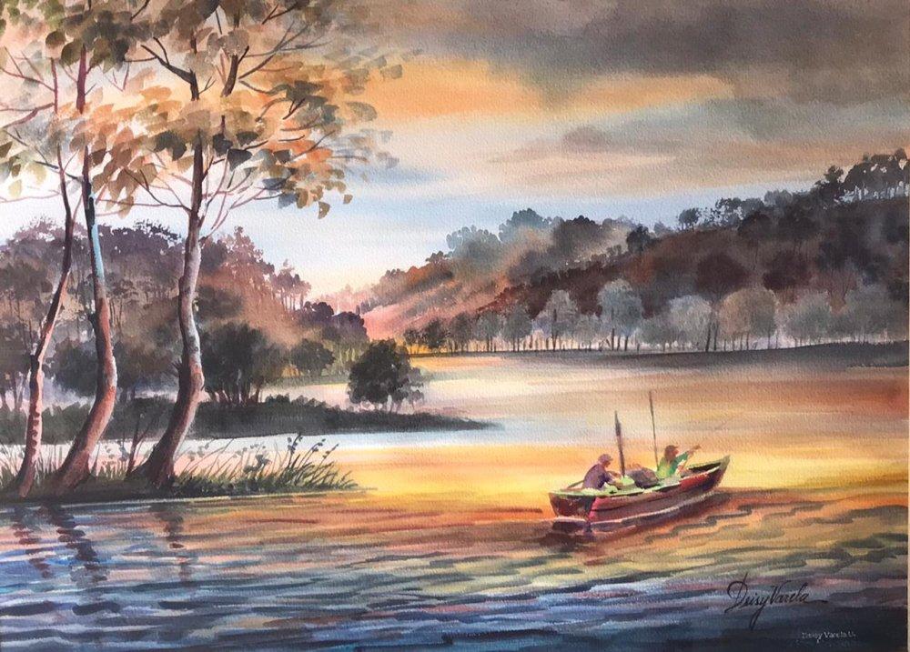 pintura de un barco navegando en un río, Barco de Deisy Varela
