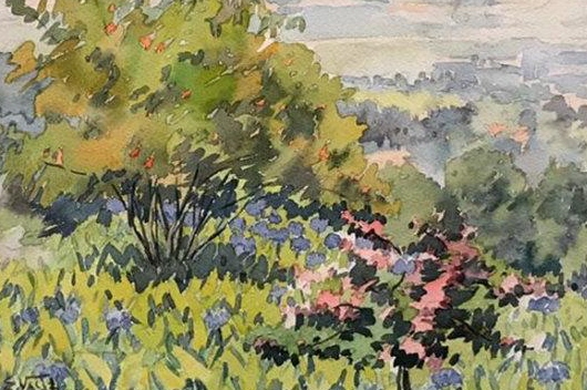Pintura de un jardín verde y con flores de colores, Jardín de Eladio Vélez