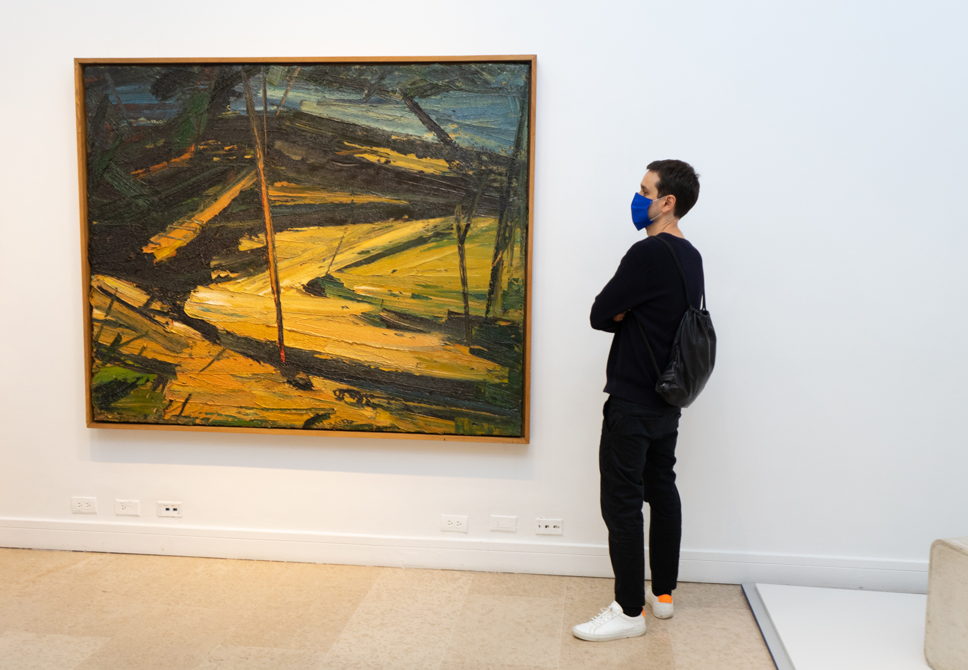 un hombre observando una pintura
