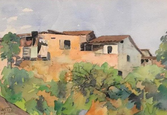 Pintura de un paisaje urbano con casas y arbustos, Paisaje Urbano de Eladio Vélez