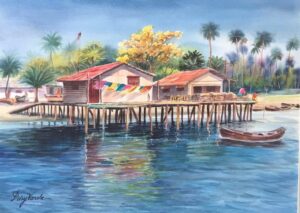 pintura de una casa sobre el agua, Paisaje (6) de Deisy Varela