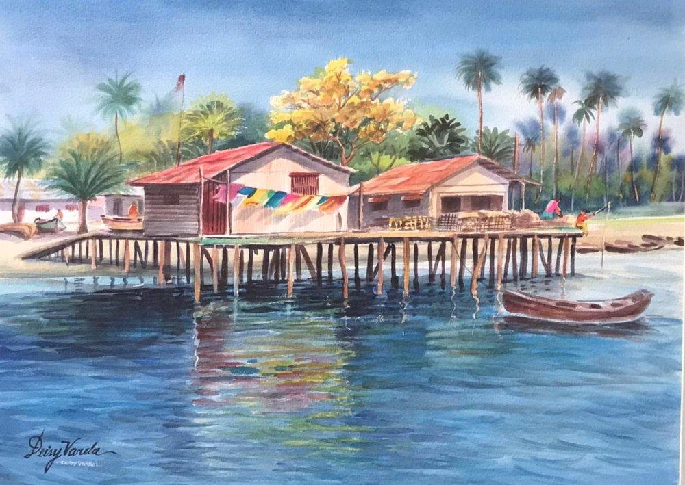 pintura de una casa sobre el agua, Paisaje (6) de Deisy Varela