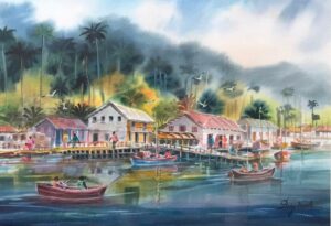 Pintura de casas a la orilla de un río, Paisaje (7) de Deisy Varela