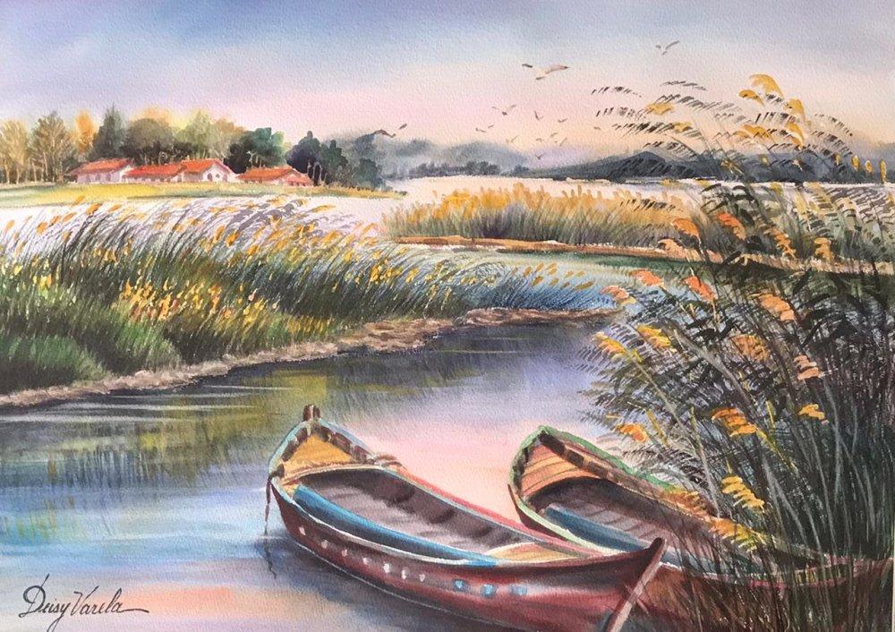 pintura de un río con dos botes, Sin Título de Deisy Varela