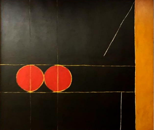 cuadro de fondo negro con dos círculos rojos, De la serie de "Fracciones, pedazos, piezas" de Mario Vélez