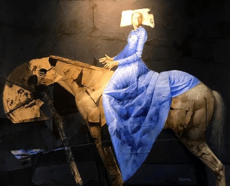 pintura La señorita del vestido azul de David Manzur