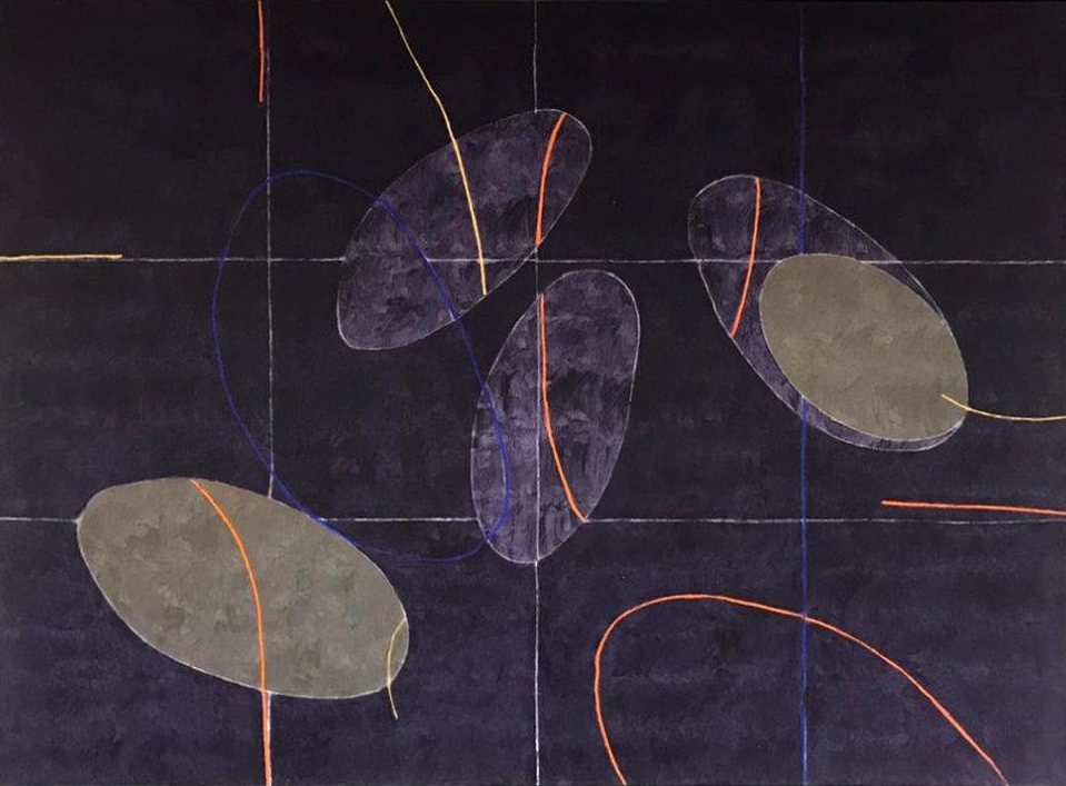 cuadro con formas tipo hojas en tonos morados, Migraciones Interiores de Mario Vélez