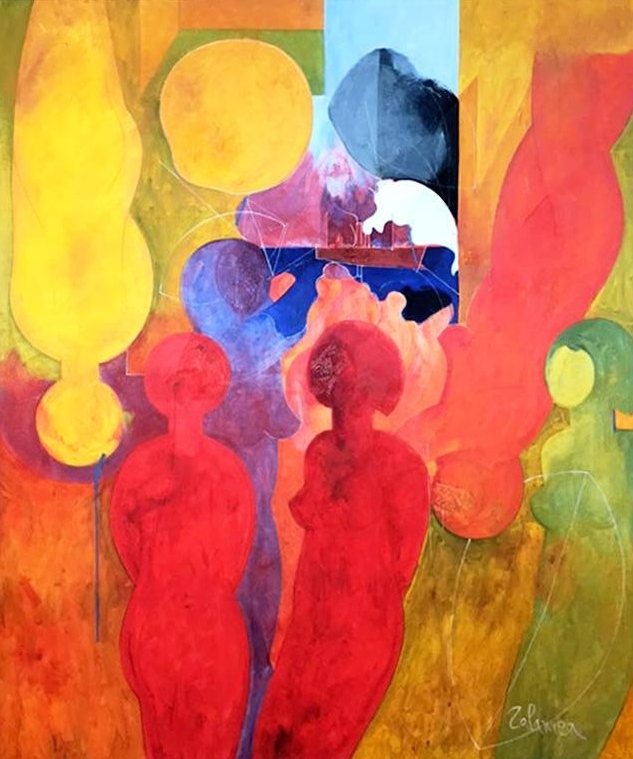 Personas de pie de Gustavo Zabaleta. Pintura de color rojo, amarillo, verde y tonos celestes.
