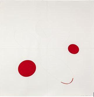 cuadro de fondo blanco con dos círculos rojos y una línea curva, Serie restituciones de Mario Vélez