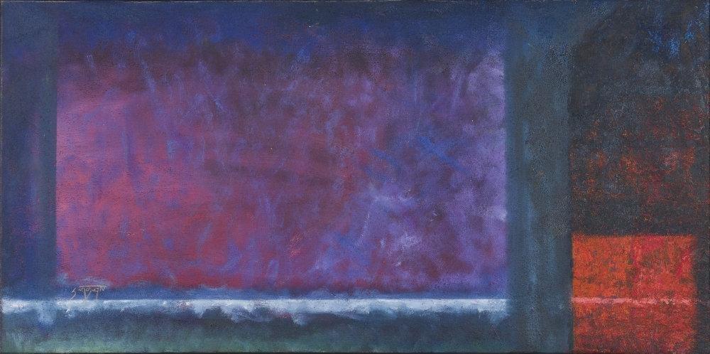 pintura con azules y rojos Sin título de Rodolfo Sánchez Lalinde